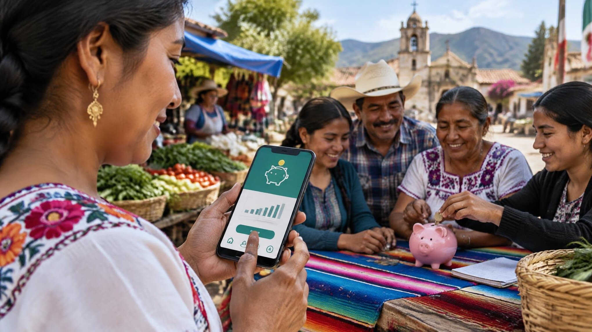 woman using mobile app in market
