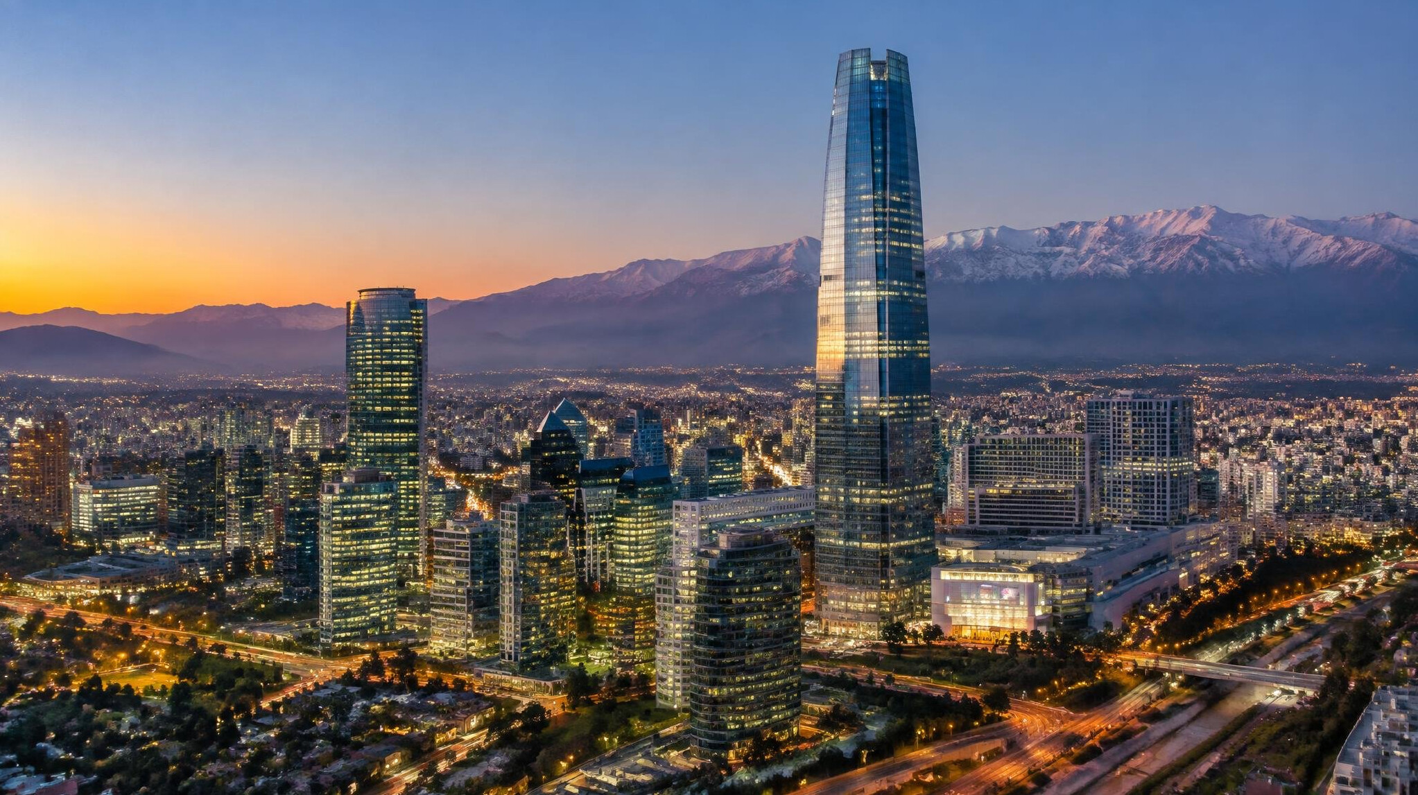Aerial view of Santiago de Chile business district skyline at dusk