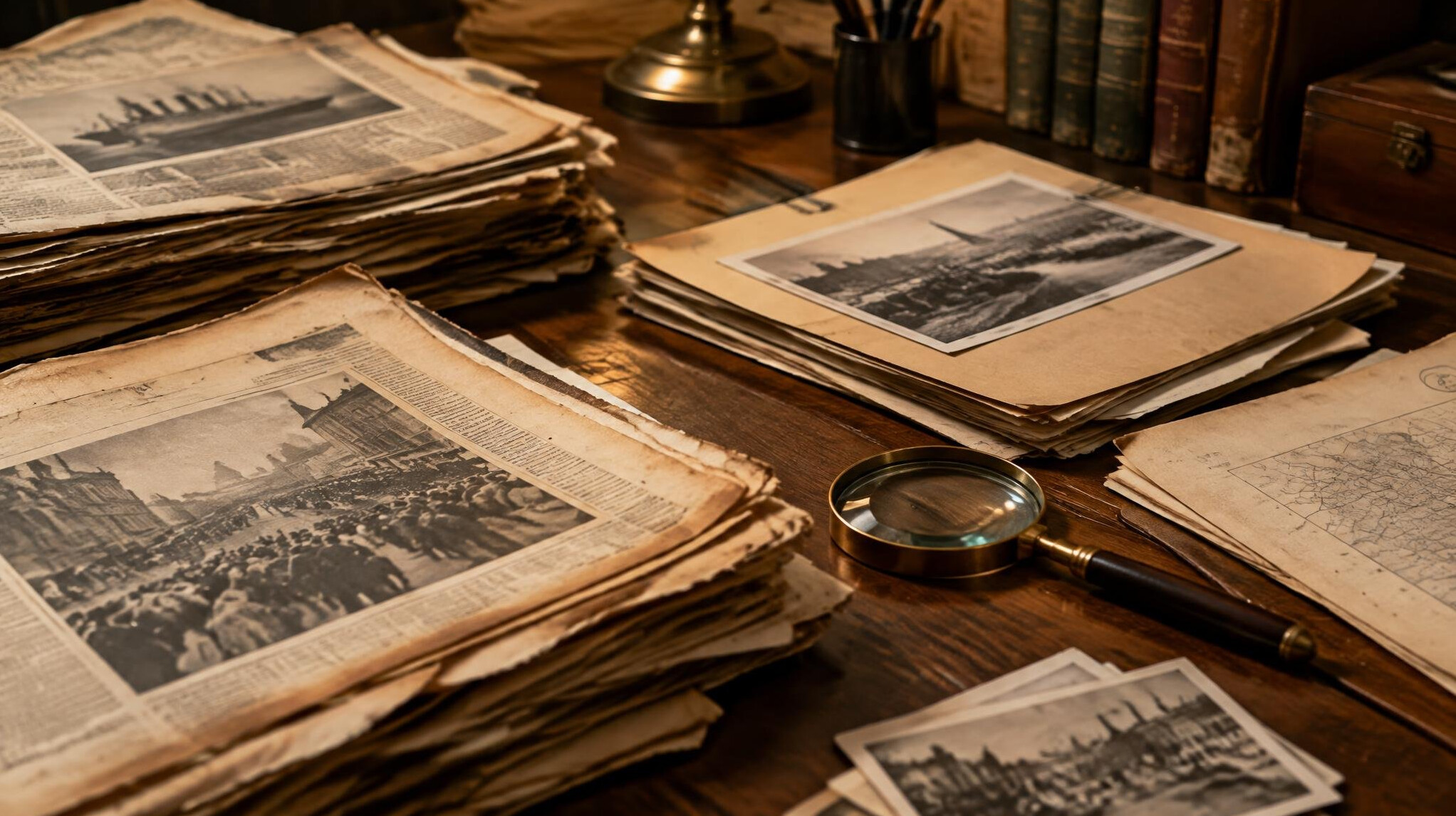 Old newspapers and archival documents on a wooden desk